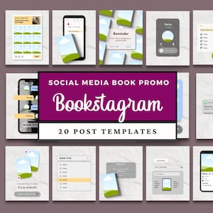 May include: A collection of 20 social media book promotion templates titled Bookstagram. The digital graphics feature various interface designs including calendars, reminders, search bars, chat bubbles, and profile layouts with a consistent cloud and hill motif.