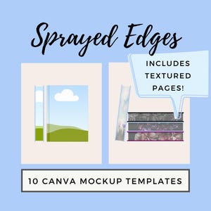 Op de afbeelding: Tien Canva-mockup-sjablonen met een gespoten rand-effect. De mockups tonen een boek met textuurpapier en een vensterscène.