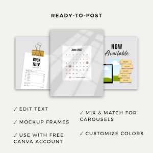 Op de afbeelding: Een digitale set social media sjablonen met drie panelen: een document met een gouden klem, een kalenderpagina voor juni 2027 en een Now Available-afbeelding met vijf gele labels. De tekst bevat READY-TO-POST, EDIT TEXT, MOCKUP FRAMES, USE WITH FREE CANVA ACCOUNT, MIX & MATCH FOR CAROUSELS en CUSTOMIZE COLORS.