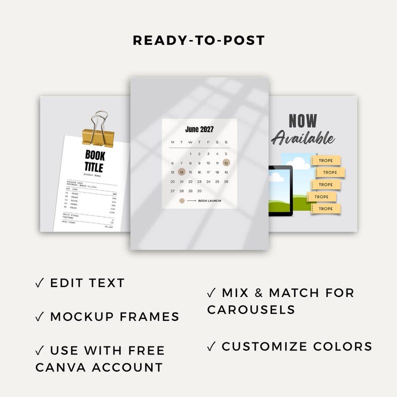 Op de afbeelding: Een digitale set social media sjablonen met drie panelen: een document met een gouden klem, een kalenderpagina voor juni 2027 en een Now Available-afbeelding met vijf gele labels. De tekst bevat READY-TO-POST, EDIT TEXT, MOCKUP FRAMES, USE WITH FREE CANVA ACCOUNT, MIX & MATCH FOR CAROUSELS en CUSTOMIZE COLORS.