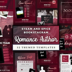 Kryddig romansförfattare Bookstagram-mall Canva-paket Recensionsinlägg för sociala medier, Boklanseringskampanjmodell Mörkröd Rosa Svart Ångande bild 1