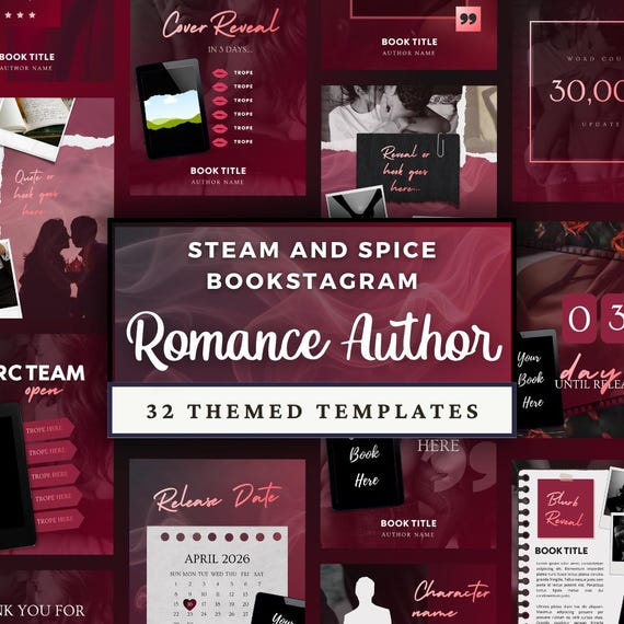 Spicy Romance Author Bookstagram Template Canva Bundle Social Media Review Post, Book Launch Release Promo Mockup Dark Red Pink Black Steamy