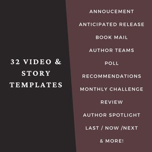 Może przedstawiać: Grafika cyfrowa z białym tekstem na czarnym i kasztanowym tle. Lewa strona zawiera napis "32 VIDEO & STORY TEMPLATES". Prawa strona zawiera tematy takie jak "ANNOUNCEMENT" i "AUTHOR SPOTLIGHT".