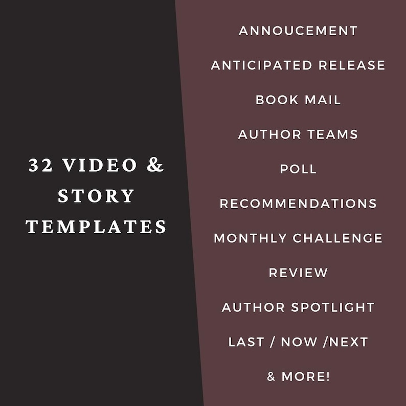 Może przedstawiać: Grafika cyfrowa z białym tekstem na czarnym i kasztanowym tle. Lewa strona zawiera napis "32 VIDEO & STORY TEMPLATES". Prawa strona zawiera tematy takie jak "ANNOUNCEMENT" i "AUTHOR SPOTLIGHT".