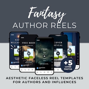 Könnte beinhalten: Fünf Telefon-Bildschirmabdrücke, die verschiedene Reel-Vorlagen für Autoren zeigen. Die Vorlagen haben ein Fantasy-Thema mit einem dunklen Hintergrund und einem Mond. Der Text auf den Bildschirmen lautet "Kostenloses Buch", "Cover Reveal", "Wenn du magst...", "Happy Release" und "+5 Cover-Fotos".