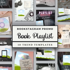 May include: A collection of ten digital social media templates for book promotion, featuring various layouts with music player interfaces, cassette tapes, CDs, film strips, and paper elements, all centered around the text Bookstagram Promo Book Playlist.