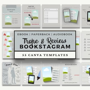 Può includere: Una raccolta di 55 modelli Canva digitali per recensioni di libri e post sui social media, con uno sfondo grigio chiaro e testo nero. I modelli includono layout per ebook, libri cartacei, audiolibri, tracker di tropi e liste di lettura.
