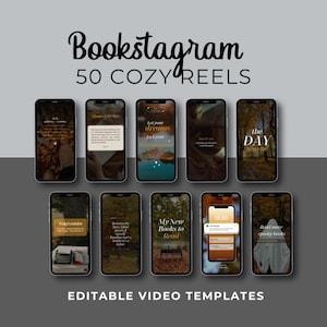 May include: A collection of ten smartphone screens displaying Bookstagram 50 Cozy Reels editable video templates. Each screen features unique autumn-themed imagery, typography, and text overlays such as Let your dreams fuel your determination and My New Books to Read, presented against a gray background.