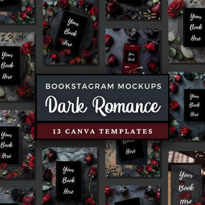 Puede incluir: Una colección de trece maquetas de libros digitales con temas de romance oscuro. Cada plantilla muestra rosas rojas y negras, casquillos de bala dispersos y un marcador de posición negro con el texto Your Book Here.