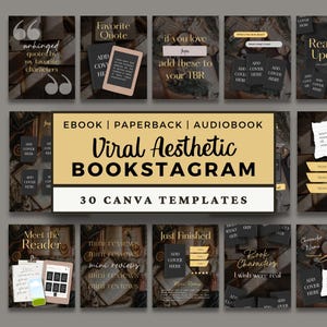 Puede incluir: Una colección de 30 plantillas de Canva para redes sociales con fondos marrón oscuro y texto dorado. El banner central dice EBOOK | PAPERBACK | AUDIOBOOK Viral Aesthetic BOOKSTAGRAM 30 CANVA TEMPLATES. Varios diseños incluyen marcadores de posición para portadas de libros, citas y reseñas.