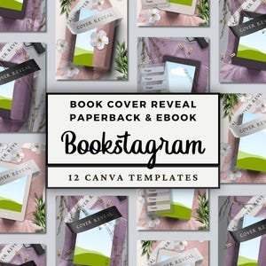 May include: A collection of 12 Canva templates for book cover reveals, featuring paperback and ebook mockups. The designs include white ribbons with the text COVER REVEAL, white flowers, and green landscape graphics on a soft pink background.