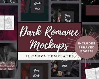 Könnte beinhalten: Dunkle, romantische Buch-Mockups in Burgunderrot und Schwarz. Der Text "Dark Romance Mockups" ist prominent dargestellt, zusammen mit "15 Canva Templates" und "Includes Sprayed Edges!" für Buchpräsentationen.