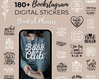 May include: A collection of 180+ digital stickers featuring bookish phrases. The stickers are in black and white and feature a variety of quotes about reading, books, and book clubs. The stickers are designed for use on social media, especially Instagram.