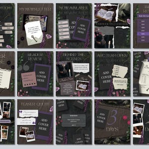 May include: A collection of digital social media templates for authors featuring dark, moody aesthetics with purple floral accents, vintage keys, and placeholders for book covers, reader reviews, and promotional text in a gothic style.
