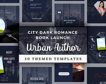 Könnte beinhalten: Eine Sammlung von dreißig digitalen Social-Media-Vorlagen für die Veröffentlichung eines Dark-Romance-Buches, mit dunkelblauen Stadtlandschaften, regnerischen Fenster-Overlays und Platzhaltern für Buchzitate, Autorenfotos und Countdowns.