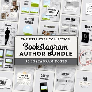 May include: A digital collection of 50 Instagram post templates titled The Essential Collection Bookstagram Author Bundle, featuring various layouts for book promotion, author introductions, and interactive content with text and graphic elements.