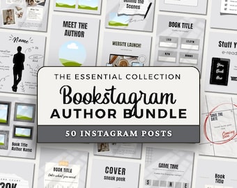 May include: A digital collection of 50 Instagram post templates titled The Essential Collection Bookstagram Author Bundle, featuring various layouts for book promotion, author introductions, and interactive content with text and graphic elements.