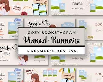 May include: A collection of digital banner templates for social media featuring anime-style illustrations of a person with brown hair, text reading COZY BOOKSTAGRAM Pinned Banners 5 SEAMLESS DESIGNS, Booksta Name, and Welcome to my bookshelf.