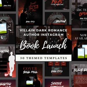 Op de afbeelding: Een verzameling van 30 thematische sjablonen voor een boeklancering, met een donker romantiek thema. De sjablonen bevatten een schaduwfiguur, gotische elementen en tekst zoals "Book Launch" en "Villain Dark Romance."