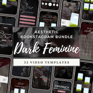 Könnte beinhalten: Ästhetisches Bookstagram-Bundle mit 32 Videovorlagen. Das Design zeigt ein dunkles, feminines Thema mit verschiedenen Smartphone-Mockups, die Social-Media-Post-Vorlagen anzeigen. Die Vorlagen umfassen Umfragen, Lesebewertungen und Zitatgrafiken.