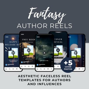 Puede incluir: Plantillas de carretes estéticos sin rostro para autores e influencers. La imagen muestra cinco teléfonos inteligentes con diferentes diseños de carretes temáticos de fantasía. El texto incluye "Fantasy Author Reels", "Happy Release Day" y "Free Book". La imagen también dice "+5 Cover Photos".