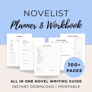 May include: A Novelist Planner & Workbook with multiple pages, including a writing tracker, goals planner, and character profiles. The text includes "100+ PAGES" and "ALL IN ONE NOVEL WRITING GUIDE". The background is light blue.