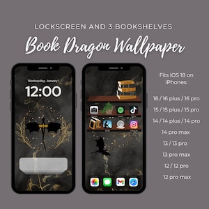 Book Dragon Bookshelf iPhone iOS 18 Wallpaper, icone grandi e piccole, set corrispondente schermata di blocco sfondo schermata iniziale, Fourth Wing Book Lover