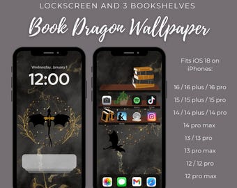 Estantería de libros Book Dragon para iPhone iOS 18, fondo de pantalla, iconos grandes y pequeños, fondo de pantalla de bloqueo a juego para la pantalla de inicio, Fourth Wing Book Lover