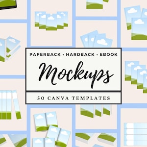 Paquete de plantillas de Canva para maquetas de portadas de libros, publicaciones de Instagram, reseñas de autores y promociones para lectores, libros de bolsillo, libros de tapa dura, libros electrónicos y Kindle a color, series (vista cenital).