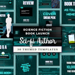 May include: A collection of thirty digital templates for a science fiction book launch, featuring a dark teal background with binary code patterns, neon cyan text, and various layouts including review sections, character profiles, and Q&A boxes.