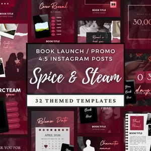 Puede incluir: Plantillas de publicaciones de Instagram para la promoción de libros, con un esquema de color rojo oscuro y blanco. El diseño incluye elementos de texto como "Spice & Steam", "Book Launch / Promo" y "32 Themed Templates."