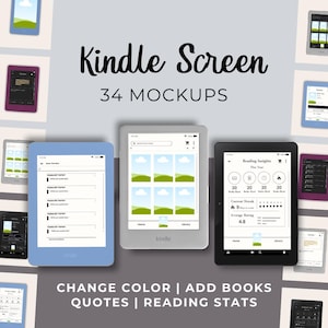 May include: A digital collection of 34 Kindle screen mockups featuring various e-reader interfaces. The display shows book trackers, reading insights, and library views with customisable colours, book covers, quotes, and reading statistics for digital design.