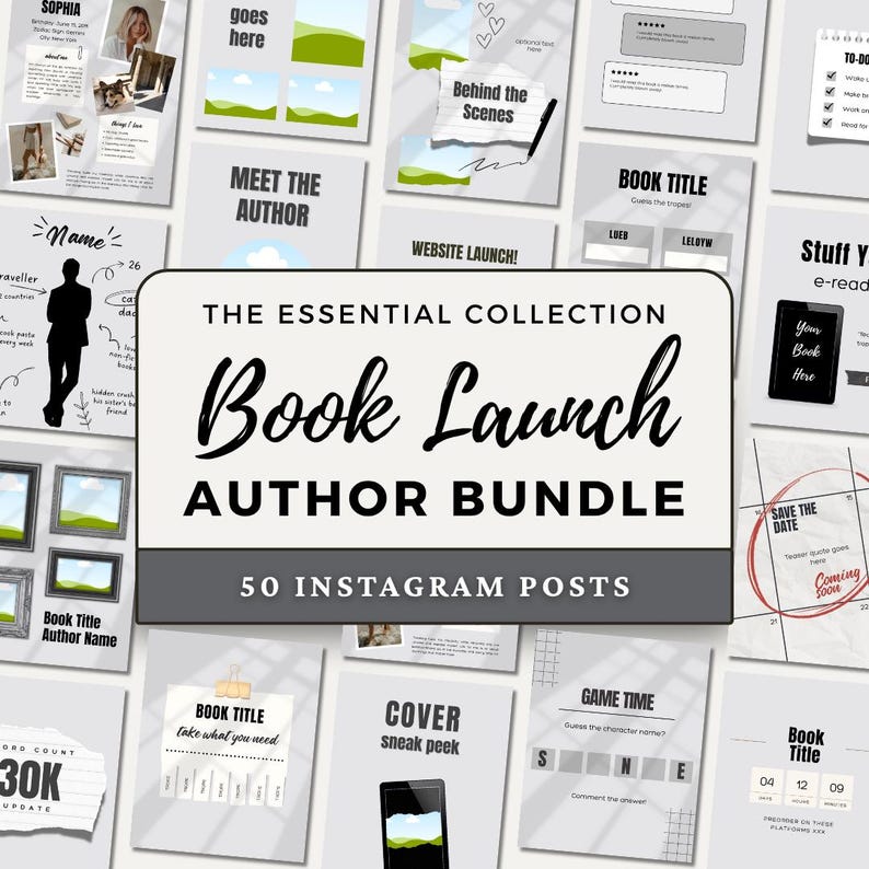 Op de afbeelding: Een digitale collectie van 50 Instagram-berichtsjablonen voor boeklanceringen, met diverse lay-outs met tekst zoals The Essential Collection Book Launch Author Bundle, Meet the Author, Behind the Scenes en Save the Date op lichtgrijze achtergronden.