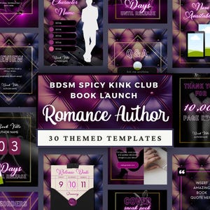 Könnte beinhalten: Eine Sammlung von 30 digitalen Social-Media-Vorlagen für Buchveröffentlichungen mit einem dunkelvioletten, gesteppten Lederhintergrund und goldenen Akzenten. Der Text lautet BDSM SPICY KINK CLUB BOOK LAUNCH Romance Author 30 THEMED TEMPLATES.