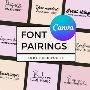 Peut inclure: Une composition graphique avec le texte "Font Pairings" et "100+ Free Fonts". Des phrases motivantes comme "Progress Starts Today" et "Believe in Magic" sont affichées sur des carrés plus petits.