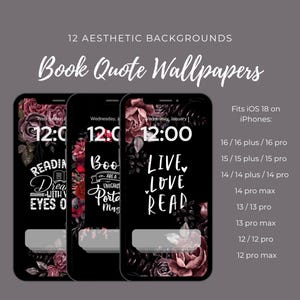Book Quote iPhone iOS 18 Wallpaper, Large and Small Icons, Dark Rose Watercolor Vintage Set, Reader Writer Author Aesthetic Black Pink Red
