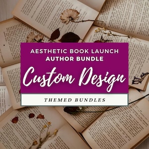May include: A rectangular graphic overlay with a deep purple background featuring white text that reads AESTHETIC BOOK LAUNCH AUTHOR BUNDLE, Custom Design, and THEMED BUNDLES, positioned over an arrangement of open vintage books with dried flowers.