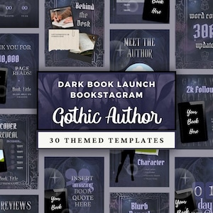 Könnte beinhalten: Eine Sammlung von 30 Social-Media-Vorlagen im dunklen Design zur Buchwerbung, mit dunkelvioletten und schwarzen Hintergründen und gotischen Mustern. Der zentrale Text lautet DARK BOOK LAUNCH BOOKSTAGRAM Gothic Author 30 THEMED TEMPLATES.