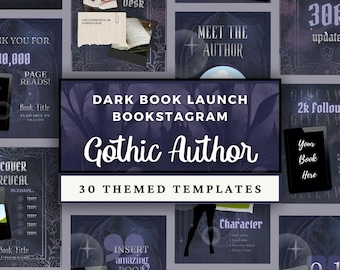 May include: A collection of 30 dark-themed social media templates for book promotion, featuring deep purple and black backgrounds with ornate gothic patterns. The central text reads DARK BOOK LAUNCH BOOKSTAGRAM Gothic Author 30 THEMED TEMPLATES.