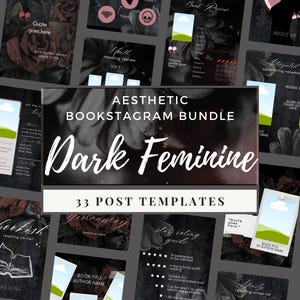Peut inclure: Un collage de 33 modèles de publication Instagram esthétiques et féminins sombres. Les modèles présentent des arrière-plans noirs et blancs avec des accents floraux, des citations et du texte lié aux livres. Le texte comprend "Bundle esthétique Bookstagram", "Féminin sombre", "33 modèles de publication", "Citation ici", "Titre du livre", "Nom de l'auteur", "Guide d'évaluation par étoiles", "Récapitulatif de lecture annuel" et "Coin de lecture Bookish".