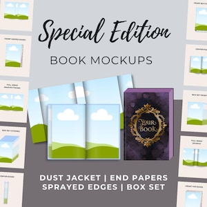 May include: A digital graphic displaying Special Edition Book Mockups with various book layouts including dust jackets, end papers, sprayed edges, and box sets. The central image features an open book and a closed purple book with gold filigree.