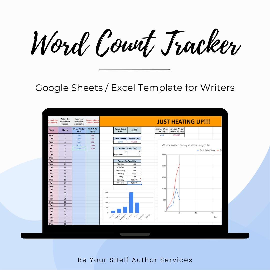 Word Count Tracker, Monthly Yearly Author Wordcount Google Sheets