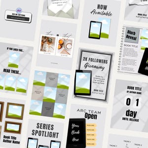 Op de afbeelding: Een verzameling digitale social media sjablonen voor auteurs met diverse lay-outs, waaronder tijdelijke aanduidingen voor boektitels, aankondigingen van weggeefacties, serie-spotlights en interactieve prompts met grafische elementen van tablets, kaders en tekstvakken.