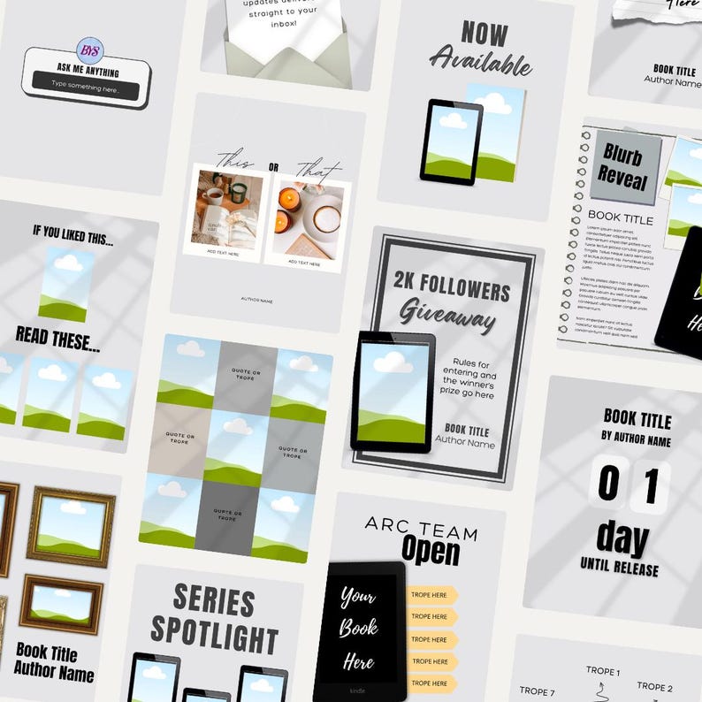 Op de afbeelding: Een verzameling digitale social media sjablonen voor auteurs met diverse lay-outs, waaronder tijdelijke aanduidingen voor boektitels, aankondigingen van weggeefacties, serie-spotlights en interactieve prompts met grafische elementen van tablets, kaders en tekstvakken.