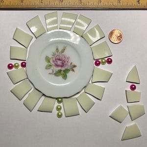 Broken China Tiles ~ Beautiful Rose FOCAL + Mint Green Rim Tiles w/Gold Edging + Half Dome Pearls ~ Free Shipping