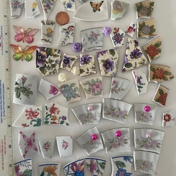 Broken China Tiles ~ Flowers ~ Butterflies ~ Jewelry Crafting ~ Half Dome Pearls ~ ~ FREE SHIP