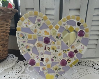 Mosaic China Tiled Heart ~ Yellows ~ Purples ~ Mirror ~ Pearls ~ ~ FREE SHIPPING