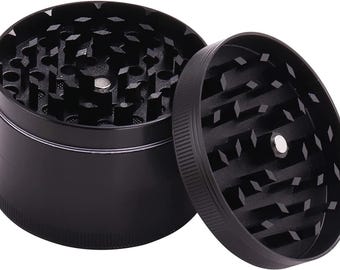 May include: A black metal grinder with a textured surface and a removable lid. The grinder has a compartment for storing herbs and a screen for catching kief.