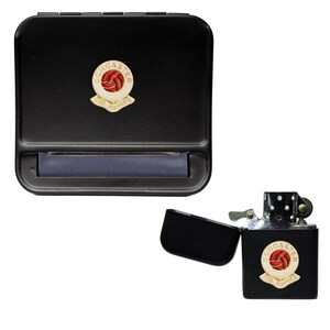 May include: Black rolling tray and lighter with a gold and red logo that says "Gillingham The Gills".