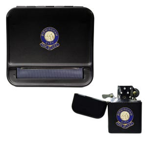 May include: Black rolling tray and lighter with the Birmingham City Football Club logo. The logo is blue and gold with the words "Birmingham City The Blues".
